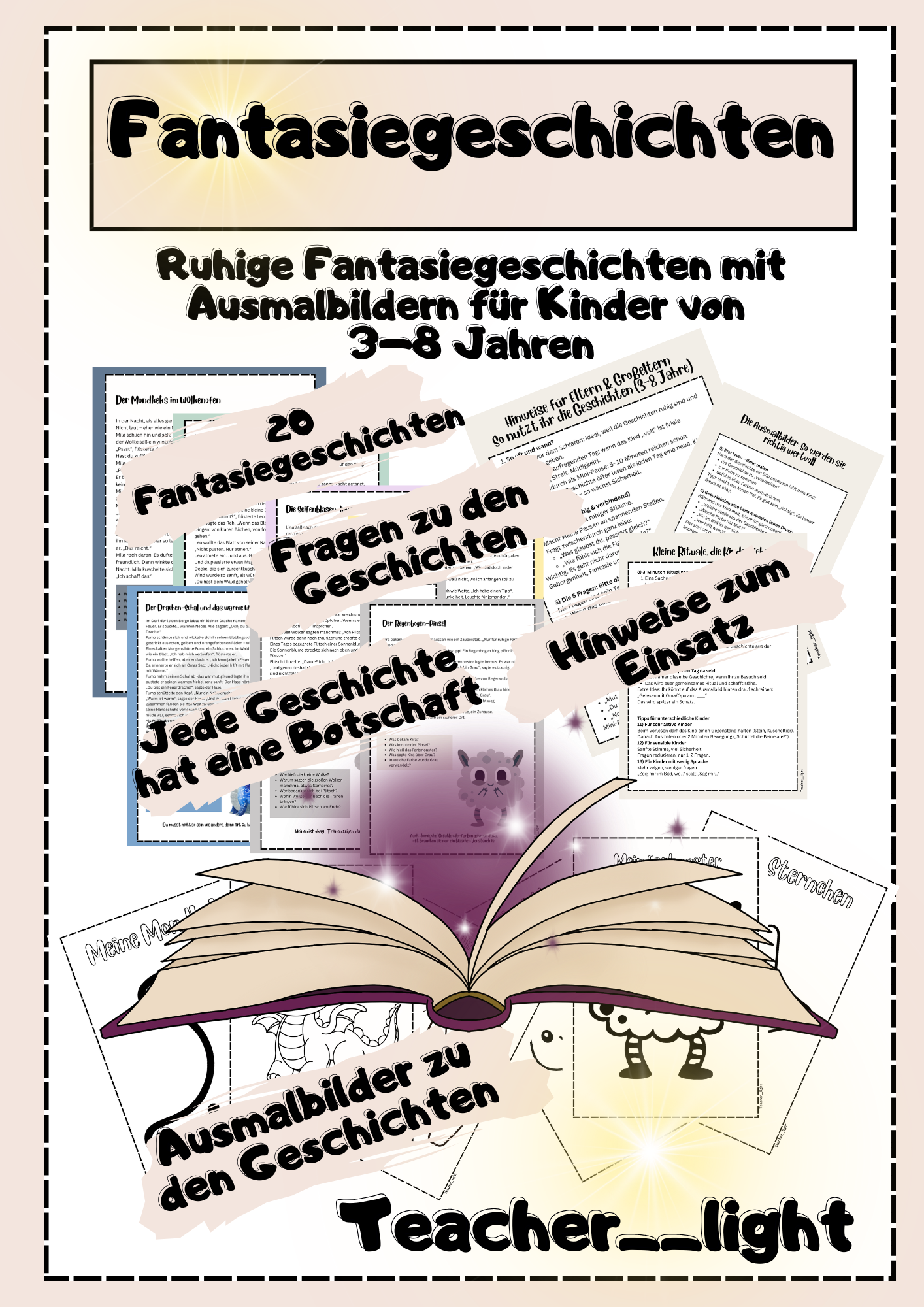 Ruhige Fantasiegeschichten mit Ausmalbildern – Begleitende Geschichten für Gefühle, Mut & innere Ruhe (PDF, 3–8 Jahre)